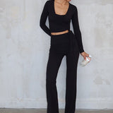 Stylish Solid Tie High-rise Flared Two Piece Set