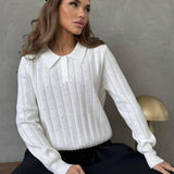 Jacquard Polo Collar Long Sleeve Loose Blouse