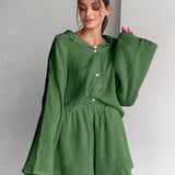 Cotton Long Sleeve Shirt Wide Leg Pants Two Piece Set