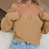 Women's Long Sleeve Wrap Casual Off Shoulder Crop Knitted Pullover Sweater