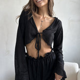Sheer Knit Tie Front Cardigan Shorts Two Piece Set