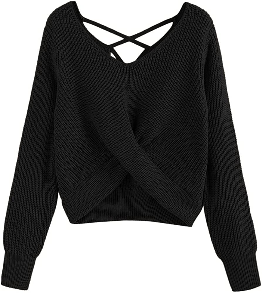 Women's V-Neck Criss Cross Twisted Back Pullover Knitted Crop Sweater