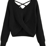 Women's V-Neck Criss Cross Twisted Back Pullover Knitted Crop Sweater