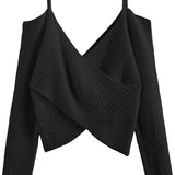 Women's V-Neck Criss Cross Twisted Back Pullover Knitted Crop Sweater