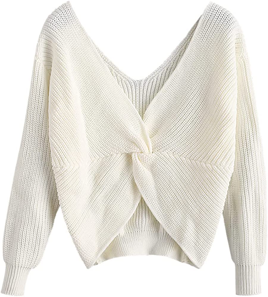 Women's V-Neck Criss Cross Twisted Back Pullover Knitted Crop Sweater
