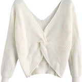 Women's V-Neck Criss Cross Twisted Back Pullover Knitted Crop Sweater