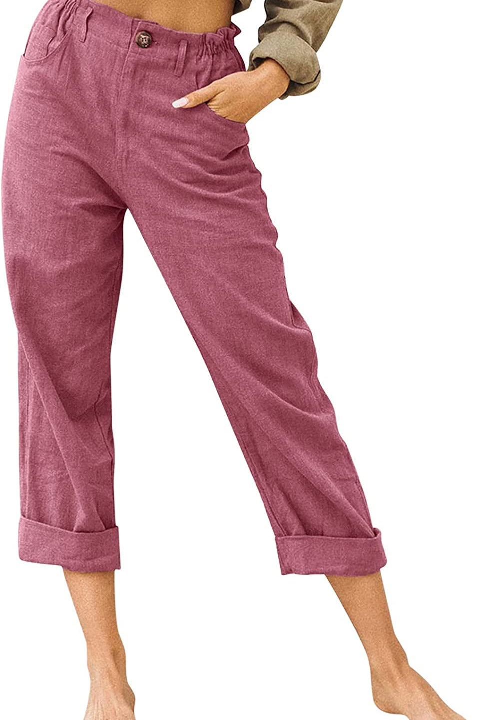 Beach Linen Shorts 3/4 Sweatpants Capri Pants Elastic Waist Cropped Harem Pants