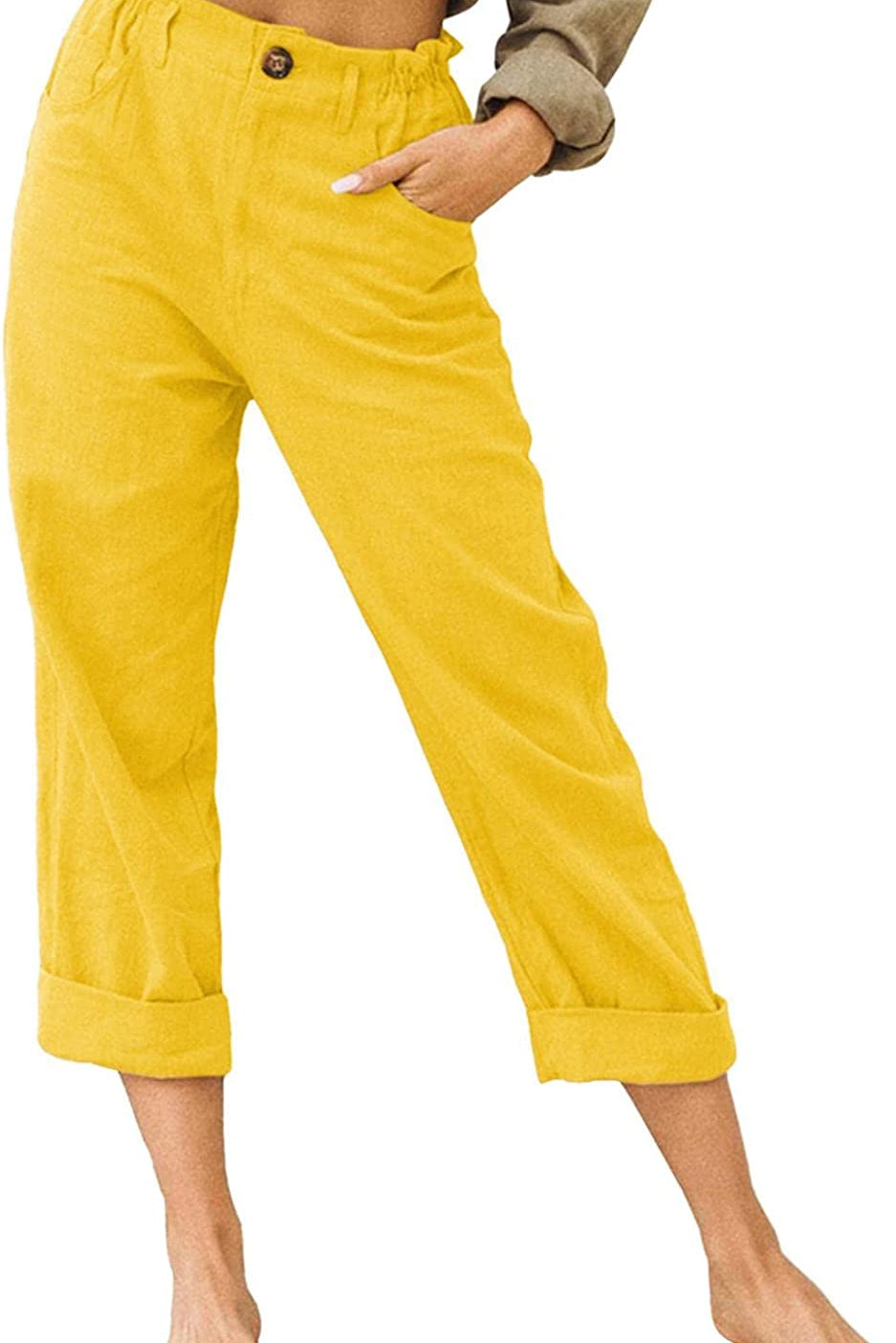 Beach Linen Shorts 3/4 Sweatpants Capri Pants Elastic Waist Cropped Harem Pants