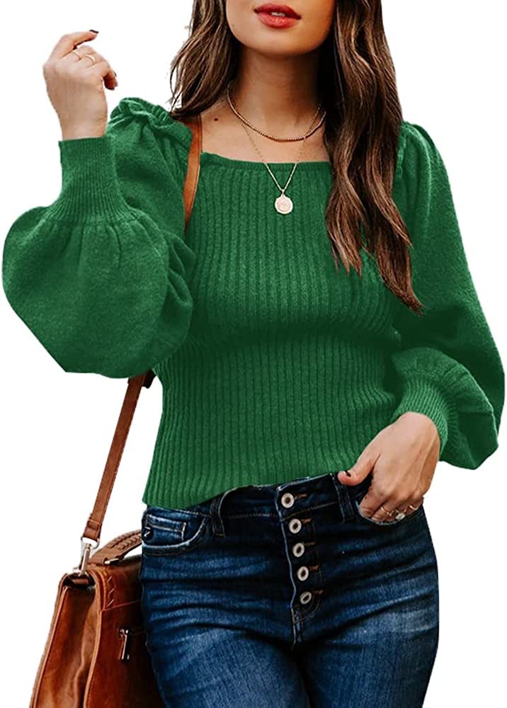Women's Sweaters Casual Long Lantern Sleeve Square Neck Ruffle Knit Pullovers Tops