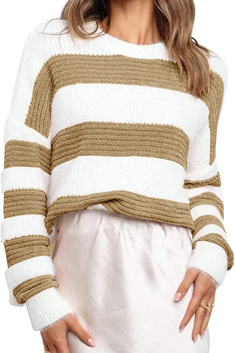 Women’s Stripe Color Block Short Long Sleeve Stitching Sweater