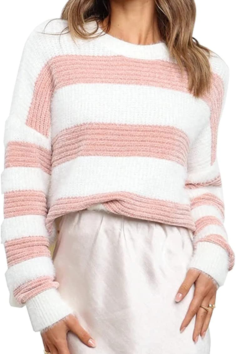 Women’s Stripe Color Block Short Long Sleeve Stitching Sweater