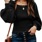 Women's Sweaters Casual Long Lantern Sleeve Square Neck Ruffle Knit Pullovers Tops