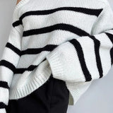 Striped Cutout Shoulder Knit Sweater