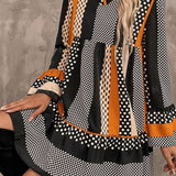 Black Striped Polka Dot Print Ruffled Hem V Neck Mini Dress