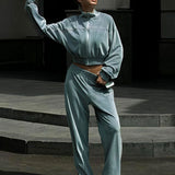 Athletic Velvet Collar Zipper Long Sleeve Two Piece Set