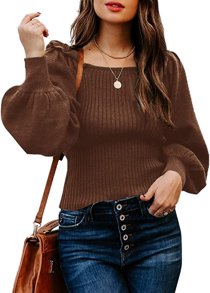 Women's Sweaters Casual Long Lantern Sleeve Square Neck Ruffle Knit Pullovers Tops