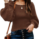 Women's Sweaters Casual Long Lantern Sleeve Square Neck Ruffle Knit Pullovers Tops