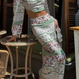 Printed Long Sleeve Crew Neck Cropped Top Split Bodycon Skirt Two Piece Set