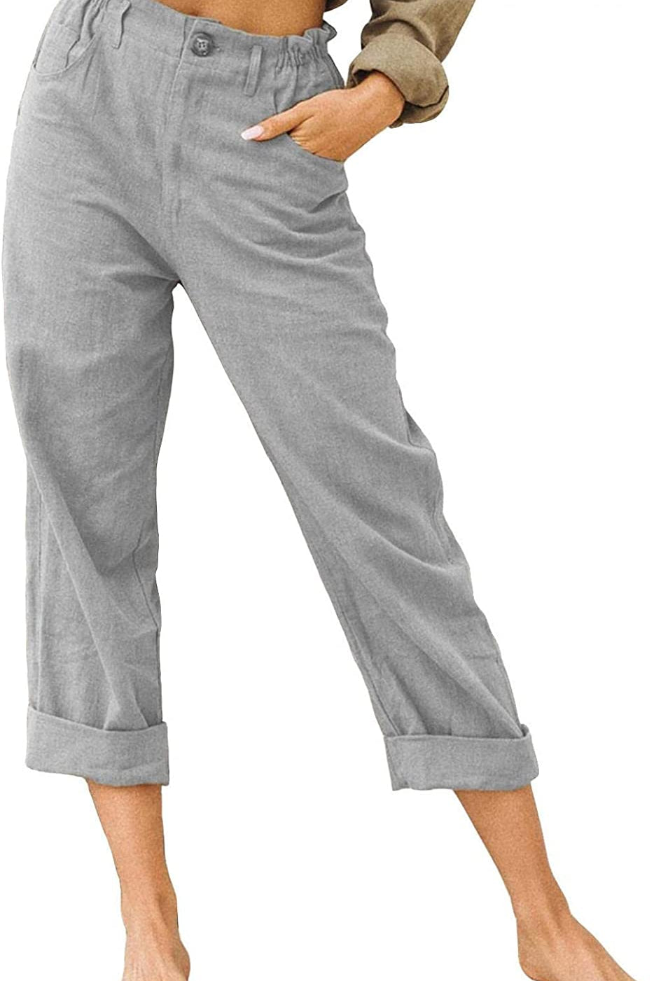 Beach Linen Shorts 3/4 Sweatpants Capri Pants Elastic Waist Cropped Harem Pants