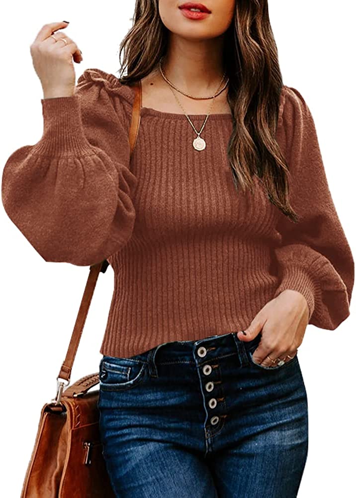 Women's Sweaters Casual Long Lantern Sleeve Square Neck Ruffle Knit Pullovers Tops
