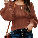 Women's Sweaters Casual Long Lantern Sleeve Square Neck Ruffle Knit Pullovers Tops