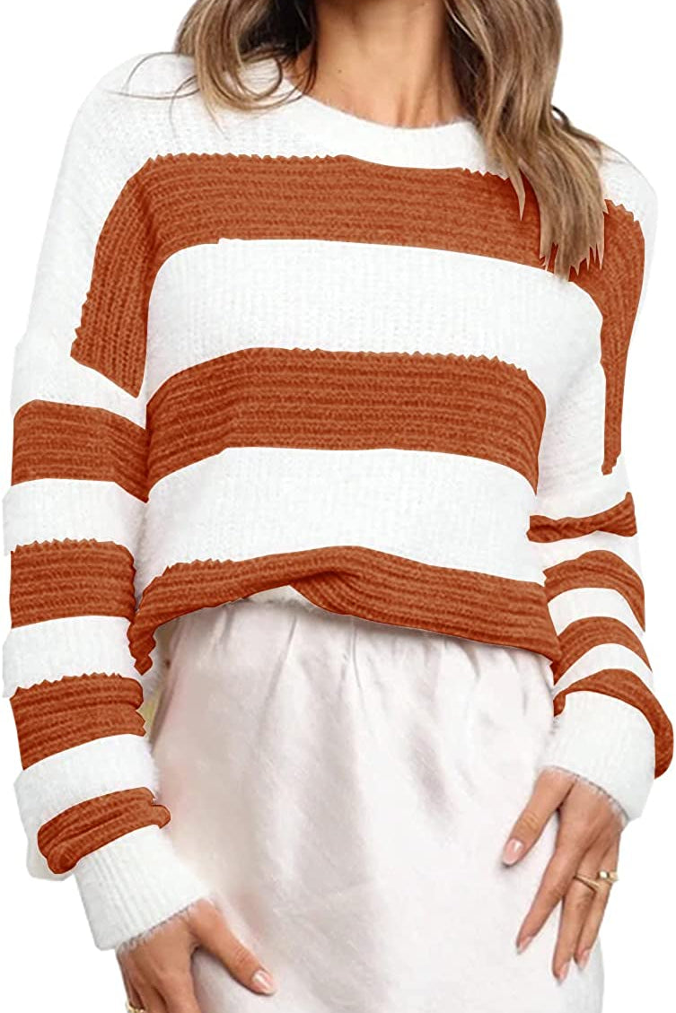 Women’s Stripe Color Block Short Long Sleeve Stitching Sweater