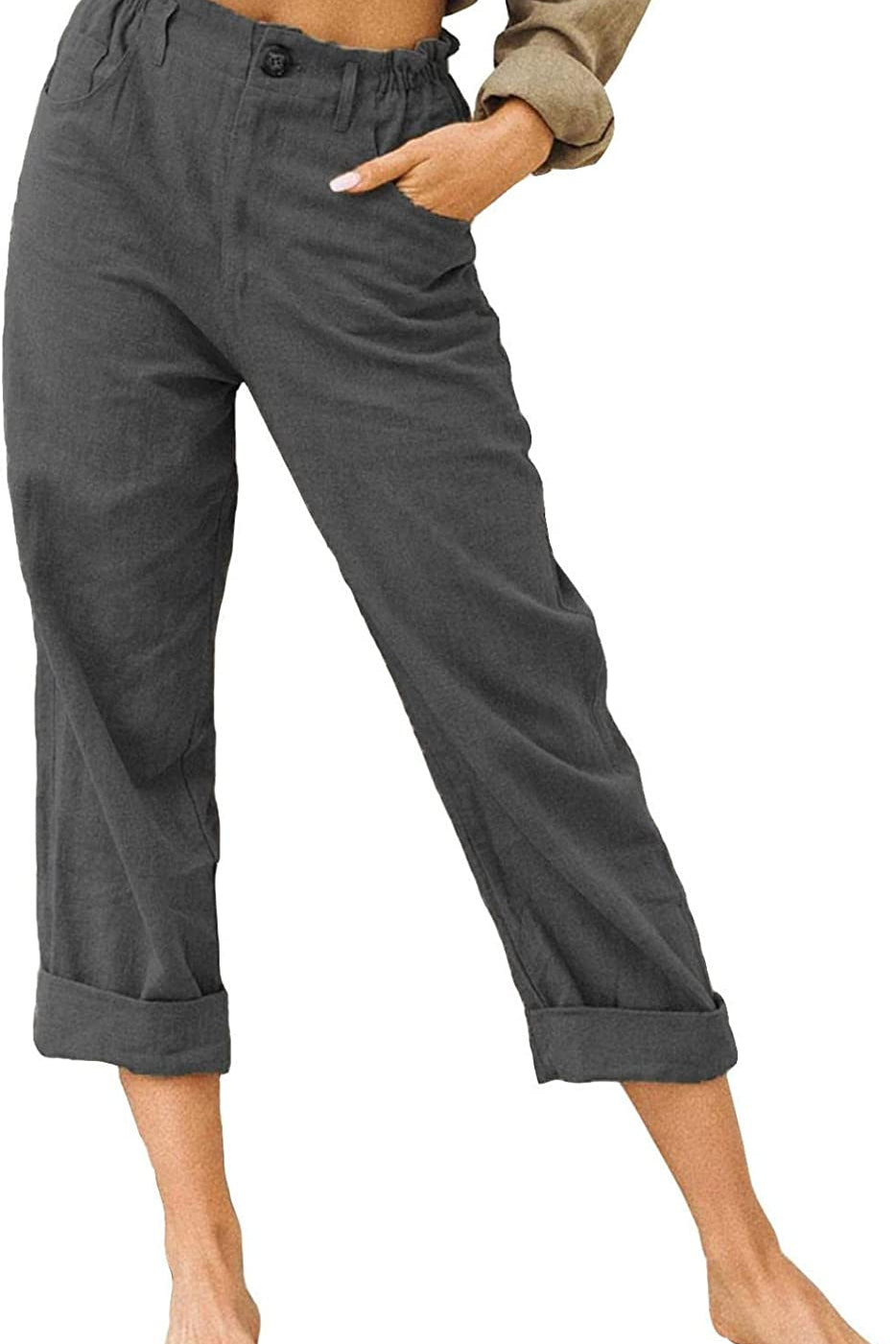 Beach Linen Shorts 3/4 Sweatpants Capri Pants Elastic Waist Cropped Harem Pants