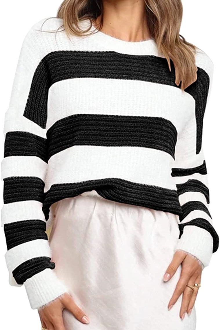 Women’s Stripe Color Block Short Long Sleeve Stitching Sweater
