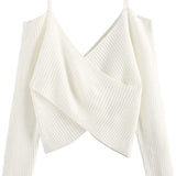 Women's V-Neck Criss Cross Twisted Back Pullover Knitted Crop Sweater