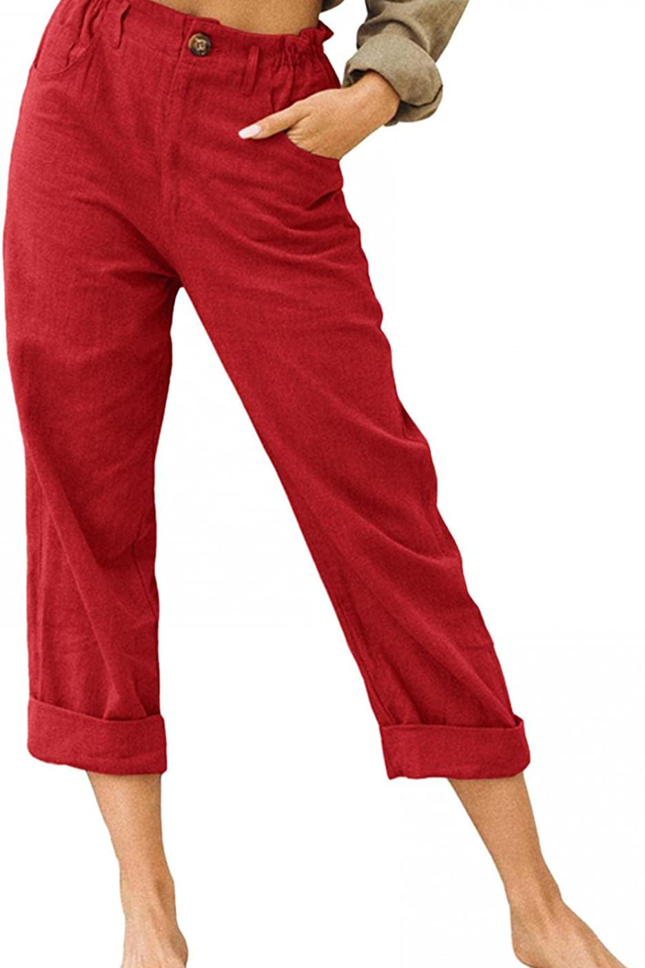 Beach Linen Shorts 3/4 Sweatpants Capri Pants Elastic Waist Cropped Harem Pants