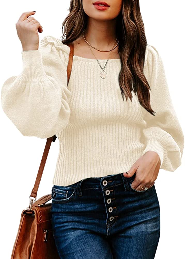 Women's Sweaters Casual Long Lantern Sleeve Square Neck Ruffle Knit Pullovers Tops