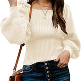 Women's Sweaters Casual Long Lantern Sleeve Square Neck Ruffle Knit Pullovers Tops