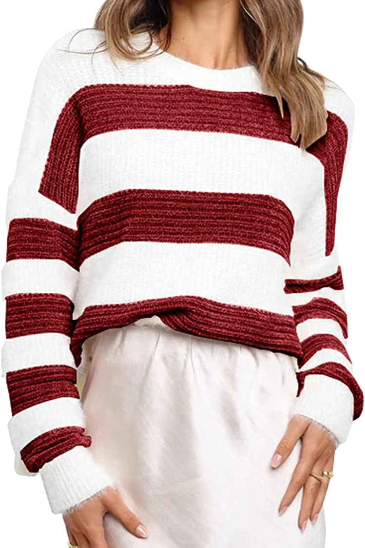 Women’s Stripe Color Block Short Long Sleeve Stitching Sweater
