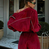 Athletic Velvet Collar Zipper Long Sleeve Two Piece Set