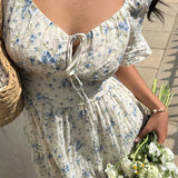 Lace-Up V-Neck Backless Floral Dress