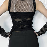 2025 Mall Gothic Sexy Hole See Through Lace-up Streetwear Cyber Punk Rave Fashion Crop Top