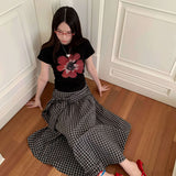 Color Block Plaid Tie Side Zip Loose Skirt