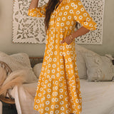 Yellow Flower Print Bracelet Sleeve Buttons Collared Maxi Dress