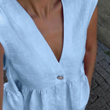 Romantic Cotton V Neck Sleeveless Vest Pants Two Piece Set