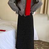 High Waist Polka Dot Back Slit Skirt