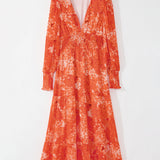 Orange Boho Floral Bishop Sleeve V Neck Tiered Maxi Dress