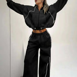 Color Block Striped Hooded Zipper Loose Two Piece Set