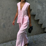 Romantic Cotton V Neck Sleeveless Vest Pants Two Piece Set