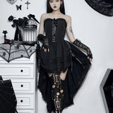 Gothic Hi Low Corset Swing Lace Trim Sleeveless Bodycon Strapless Evening Dress