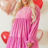 Strawberry Pink Flounce Sleeve Tiered Ruffled Velvet Mini Dress