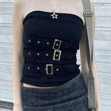 Y2K Bandage Buckle Corset Black Punk Grunge Gothic Retro Streetwear Crop Top