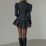 Embroidered Waist-Cinched Blazer & Mini Skirt Two Piece Set