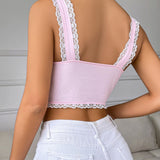 Lace Trim Patchwork Sexy Slinky Backless Crop Top