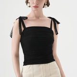 Polka Dot Halter Cropped Ruched Tie Front Tank Top