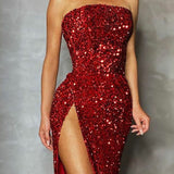 Sequin High Slit Strapless Off-Shoulder Party Dress